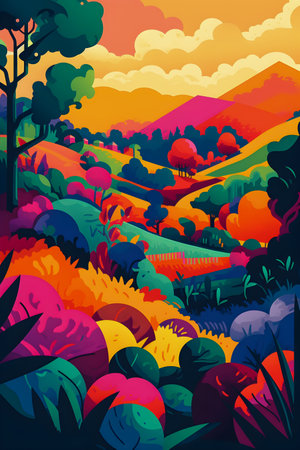 Colombian landscape, mountains and village, flat design, AI Generatedの素材