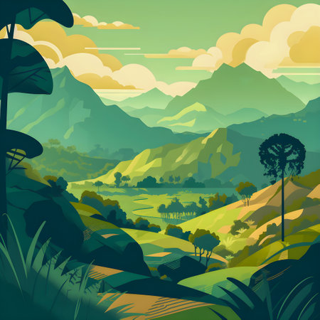 Colombian landscape, mountains and village, flat design, AI Generatedの素材