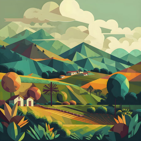 Colombian landscape, mountains and village, flat design, AI Generatedの素材