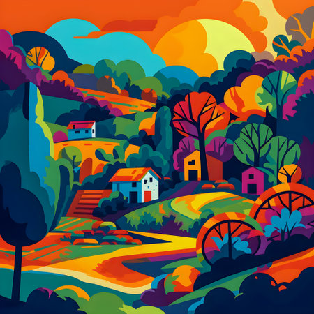 Colombian landscape, mountains and village, flat design, AI Generatedの素材