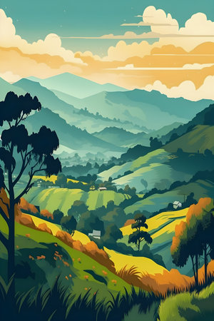 Colombian landscape, mountains and village, flat design, AI Generatedの素材