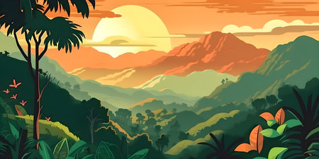 Colombian landscape, mountains and village, flat design, AI Generatedの素材