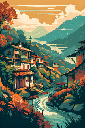 Colombian landscape, mountains and village, flat design, AI Generatedの素材