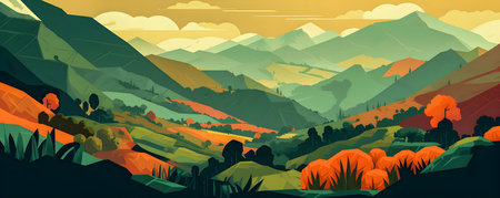 Colombian landscape, mountains and village, flat design, AI Generatedの素材