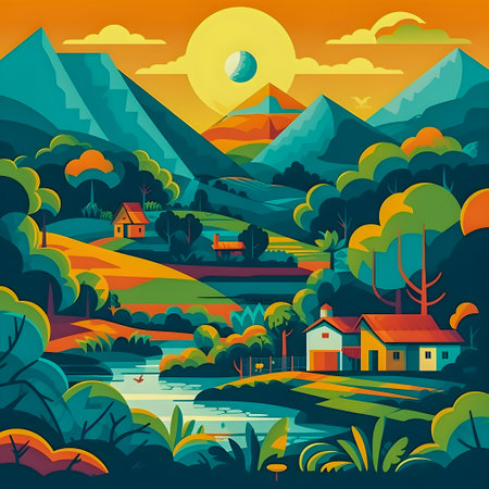 Colombian landscape, mountains and village, flat design, AI Generatedの素材