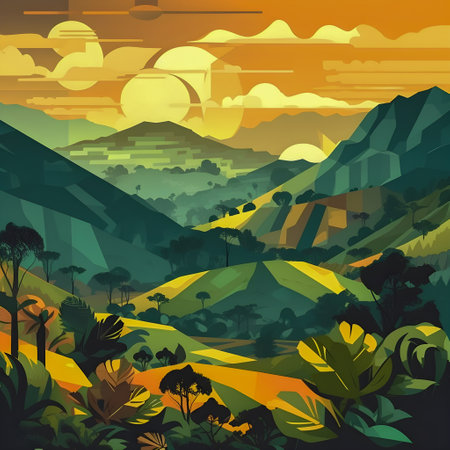 Colombian landscape, mountains and village, flat design, AI Generatedの素材