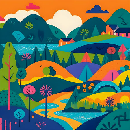 Colombian landscape, mountains and village, flat design, AI Generatedの素材