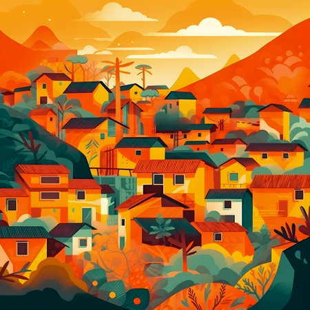Colombian landscape, mountains and village, flat design, AI Generatedの素材