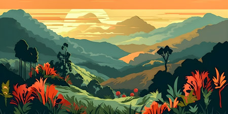 Colombian landscape, mountains and village, flat design, AI Generatedの素材