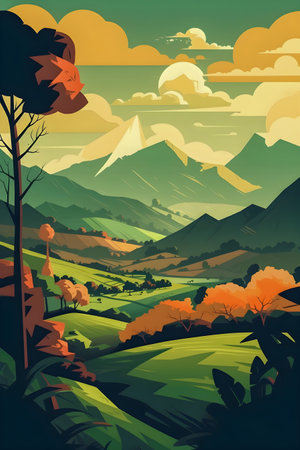 Colombian landscape, mountains and village, flat design, AI Generatedの素材