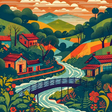 Colombian landscape, mountains and village, flat design, AI Generatedの素材