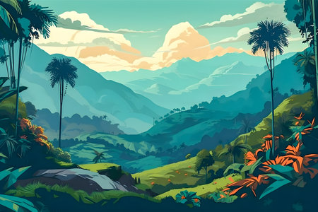 Colombian landscape, mountains and village, flat design, AI Generatedの素材