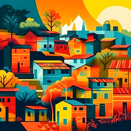 Colombian landscape, mountains and village, flat design, AI Generatedの素材