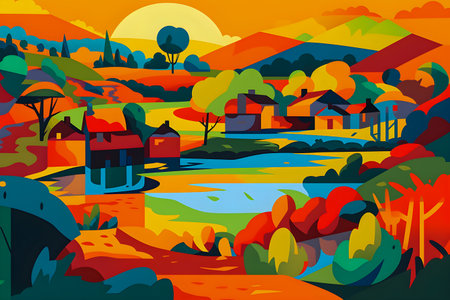 Colombian landscape, mountains and village, flat design, AI Generatedの素材