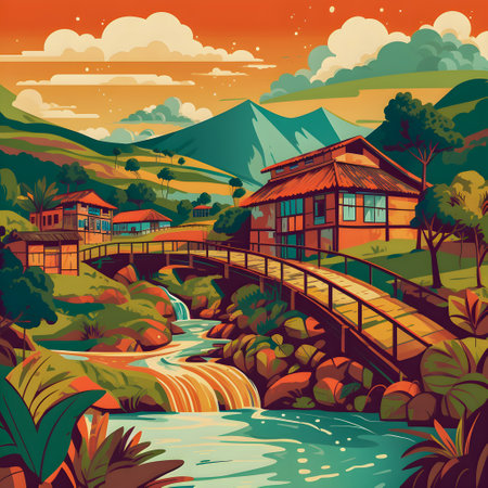Colombian landscape, mountains and village, flat design, AI Generatedの素材