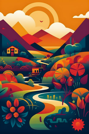 Colombian landscape, mountains and village, flat design, AI Generatedの素材