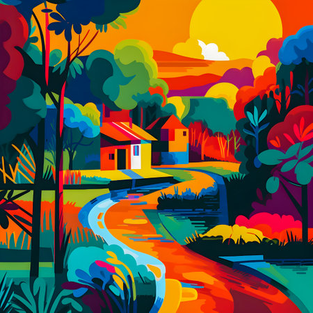 Colombian landscape, mountains and village, flat design, AI Generatedの素材