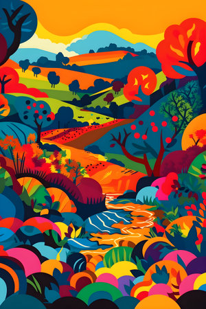 Colombian landscape, mountains and village, flat design, AI Generatedの素材
