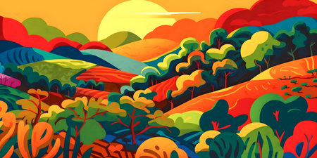 Colombian landscape, mountains and village, flat design, AI Generatedの素材