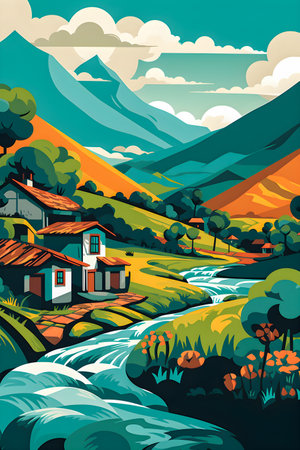Colombian landscape, mountains and village, flat design, AI Generatedの素材