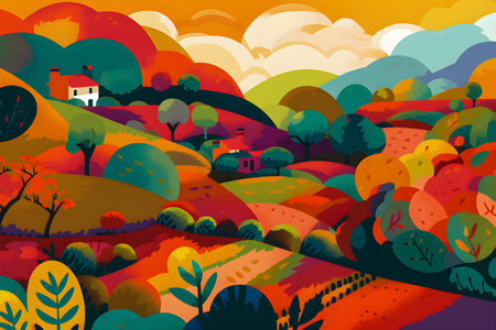 Colombian landscape, mountains and village, flat design, AI Generatedの素材