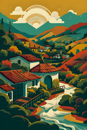 Colombian landscape, mountains and village, flat design, AI Generatedの素材