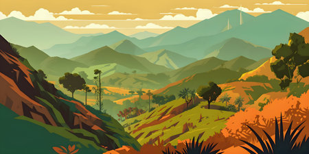 Colombian landscape, mountains and village, flat design, AI Generatedの素材