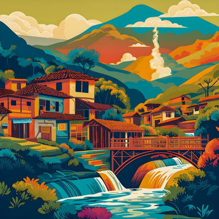 Colombian landscape, mountains and village, flat design, AI Generatedの素材