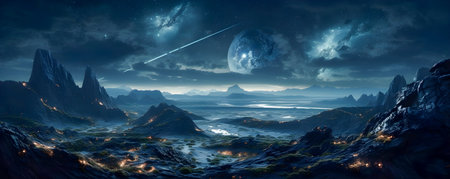 Surrealistic Mars landscape in blue colors, AI Generatedの素材