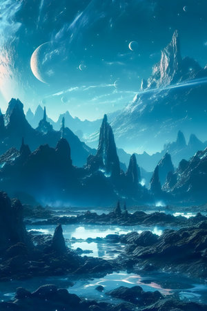 Surrealistic Mars landscape in blue colors, AI Generatedの素材