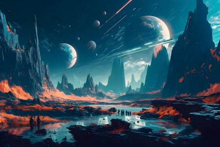 Surrealistic Mars landscape in blue colors, AI Generatedの素材