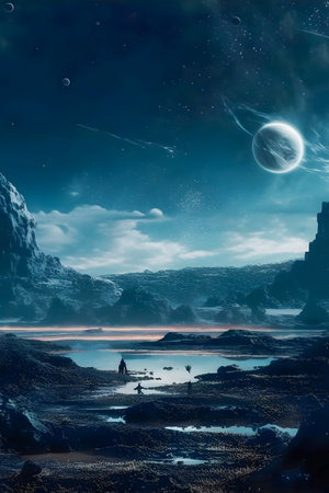 Surrealistic Mars landscape in blue colors, AI Generatedの素材