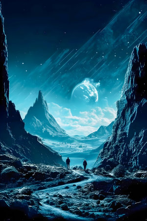 Surrealistic Mars landscape in blue colors, AI Generatedの素材