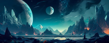 Surrealistic Mars landscape in blue colors, AI Generatedの素材