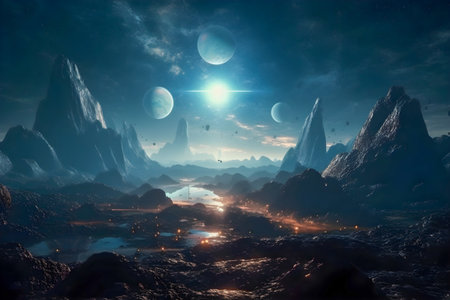 Surrealistic Mars landscape in blue colors, AI Generatedの素材