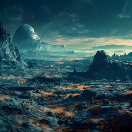 Surrealistic Mars landscape in blue colors, AI Generatedの素材