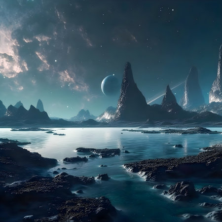 Surrealistic Mars landscape in blue colors, AI Generatedの素材