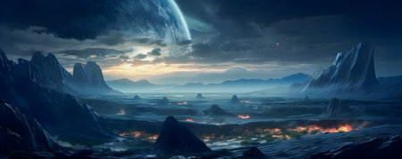 Surrealistic Mars landscape in blue colors, AI Generatedの素材