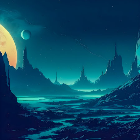 Surrealistic Mars landscape in blue colors, AI Generatedの素材