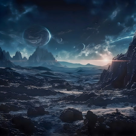 Surrealistic Mars landscape in blue colors, AI Generatedの素材