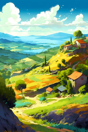 Greece landscape, vibrant colors, hand drawn style illustration, AI Generatedの素材