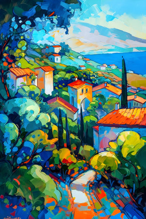 Greece landscape, vibrant colors, hand drawn style illustration, AI Generatedの素材