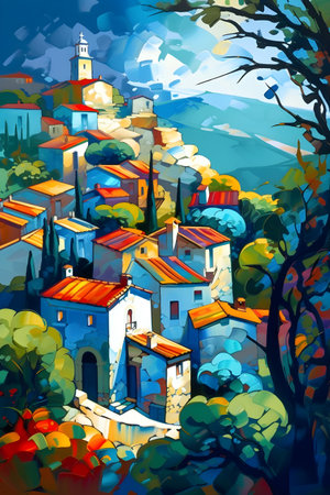 Greece landscape, vibrant colors, hand drawn style illustration, AI Generatedの素材