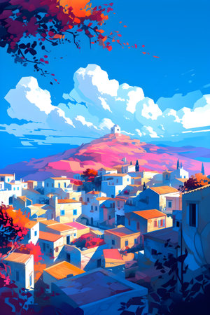 Greece landscape, vibrant colors, hand drawn style illustration, AI Generatedの素材