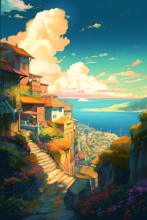 Greece landscape, vibrant colors, hand drawn style illustration, AI Generatedの素材