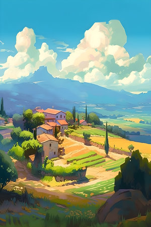 Greece landscape, vibrant colors, hand drawn style illustration, AI Generatedの素材