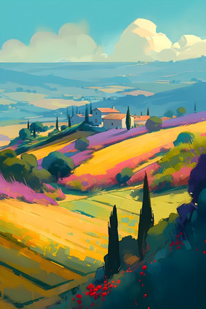Greece landscape, vibrant colors, hand drawn style illustration, AI Generatedの素材