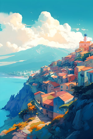 Greece landscape, vibrant colors, hand drawn style illustration, AI Generatedの素材