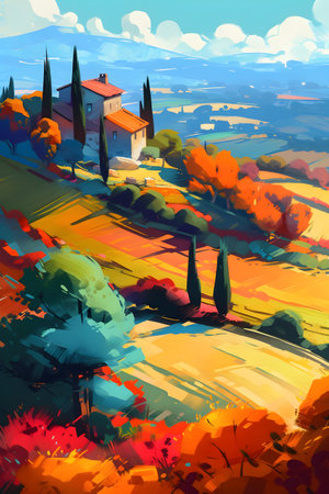 Greece landscape, vibrant colors, hand drawn style illustration, AI Generatedの素材