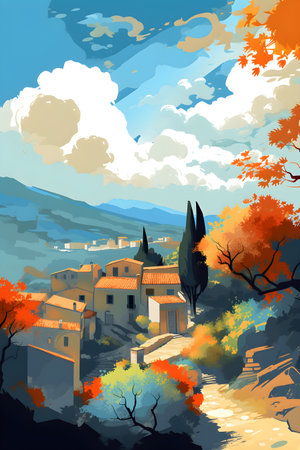 Greece landscape, vibrant colors, hand drawn style illustration, AI Generatedの素材